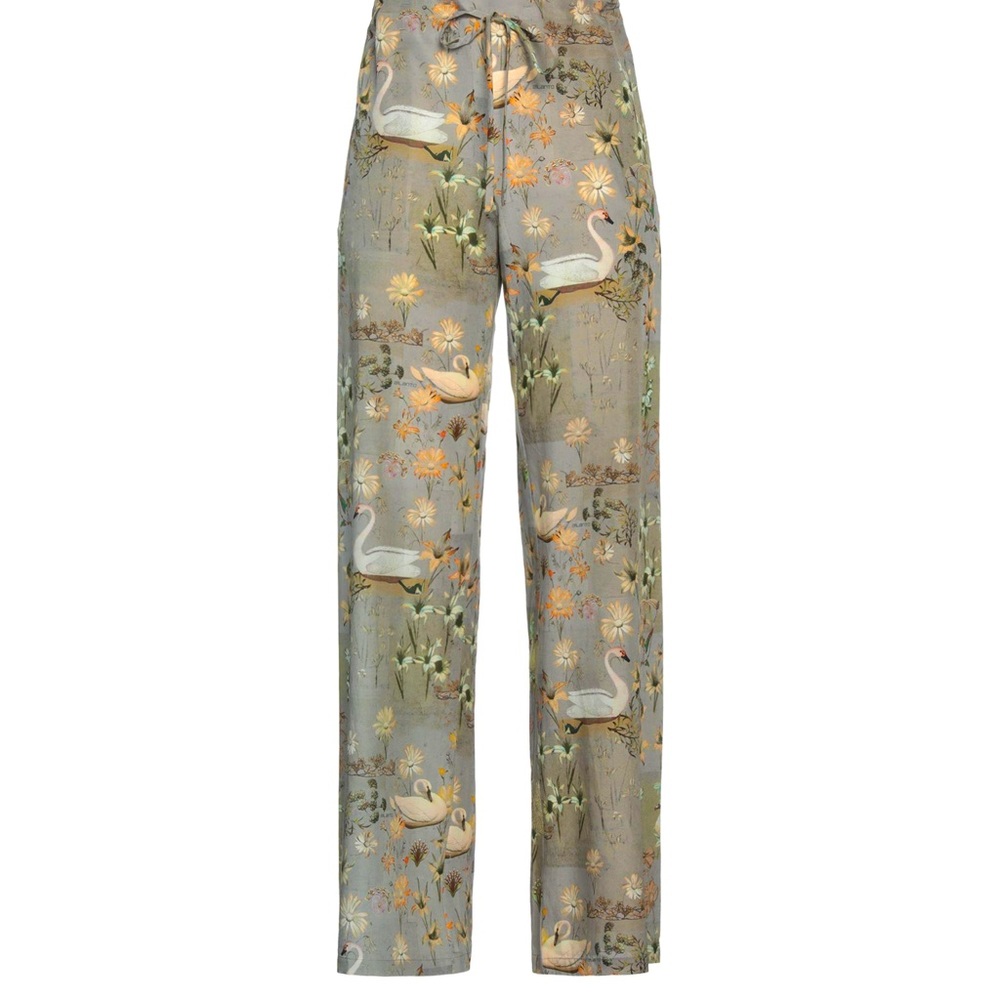 AILANTO Casual Silk Blend Drawstring Pants Light Grey 🦢Swan Print 🦢EU40/US 10